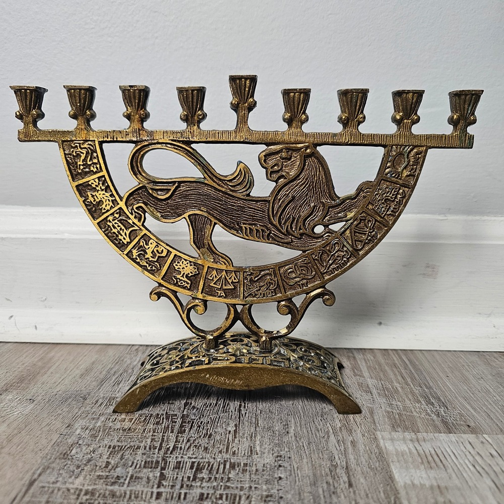Vintage Oppenheim Israel Solid Brass Lion 12 Tribes Hanukkah Menorah Judaica MCM